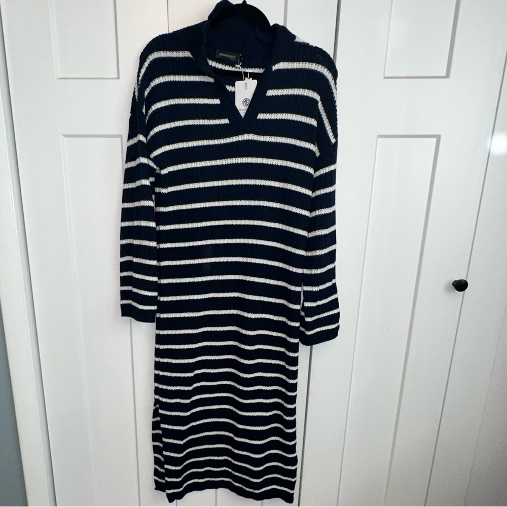 Casual Blue and White V-Neck Long Sleeve Sweater Dress